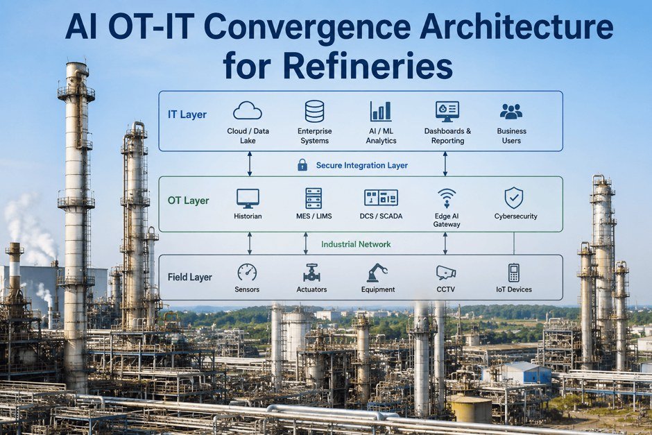 AI OT-IT convergence architecture for refineries: an IT layer (cloud and data lake, enterprise systems, AI and ML analytics, dashboards and reporting, business users), a secure integration layer, an OT layer (historian, MES and LIMS, DCS and SCADA, edge AI gateway, cybersecurity), an industrial network, and a field layer (sensors, actuators, equipment, CCTV, IoT devices)